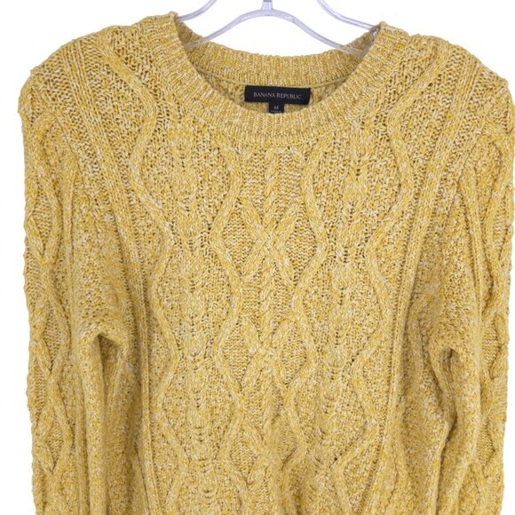 Banana Republic Cable-Knit Crewneck Sweater Marled Yellow Preppy Cheery Cotton M - Picture 2 of 16